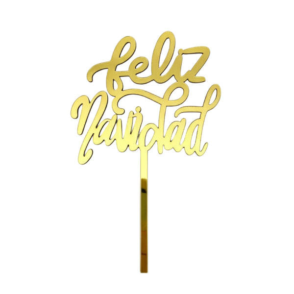 Topper Madera Espejo Dorado Feliz Navidad