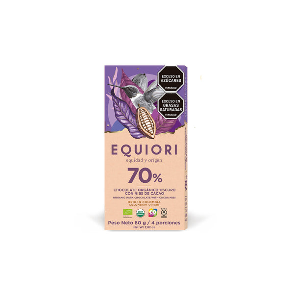 Barra Chocolate Orgánico 70% Cacao + Nibs de Cacao x 80 Gr Equiori