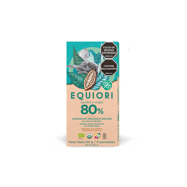 Barra Chocolate Orgánico Sin Azúcar 80% Cacao x 80 Gr Equiori