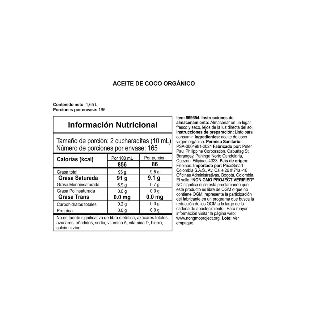 Aceite de Coco Orgánico Prensado en Frío Carrington Farms 1.6 Lt