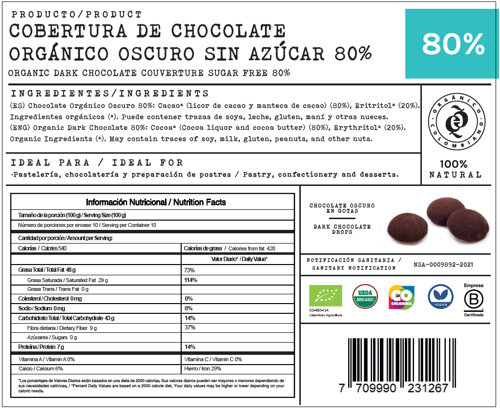 Chocolate Orgánico Amargo 80% Cacao Sin Azúcar x 1 Kg Equiori