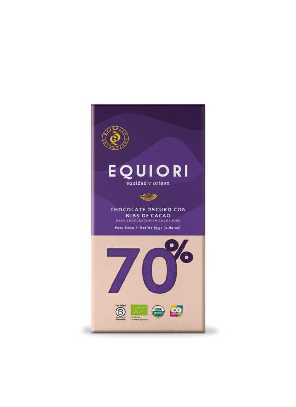 Barra Chocolate Orgánico 70% Cacao + Nibs de Cacao x 80 Gr Equiori