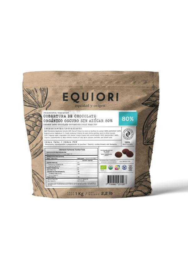 Chocolate Orgánico Amargo 80% Cacao Sin Azúcar x 1 Kg Equiori